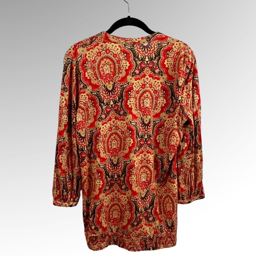 Lucky Brand Women's Red Medallion Print Boho 3/4 Sleeve Split Neck Blouse Sz M - Picture 2 of 6